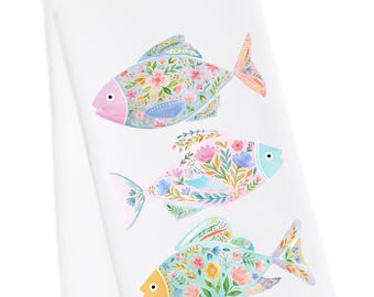 Flower Fish Tea Towel, Crab Hand Towel, Crab Kitchen Towel, Modern Coastal, Beach Housewarming Towel, Beach Dish Towel