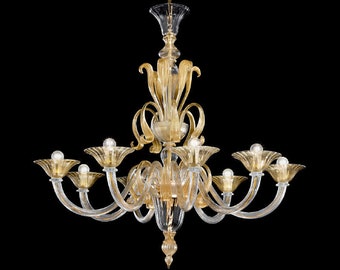Large Modern Gold Clear Murano Glass Chandelier, 8 Lights 1425K8