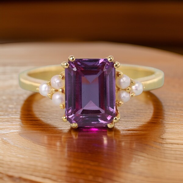 Bague alexandrite taille émeraude, bague en grappe de perles d'eau douce, bague de fiançailles en plaqué or massif 18 carats, cadeau bijoux en pierres précieuses aux couleurs changeantes