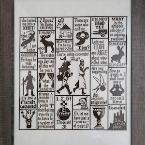 Pode incluir: Arte em ponto cruz emoldurada com uma grade de citações e ilustrações humorísticas. A costura preta está em um fundo branco, com uma moldura de madeira cinza. O texto inclui frases como "Eu não estou morto ainda" e "Fuja!"