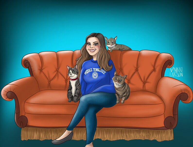 May include: A woman wearing a blue sweatshirt with the words "Middle Tennessee" and a logo sits on an orange couch with three cats. The cats are sitting on the couch and looking at the camera.