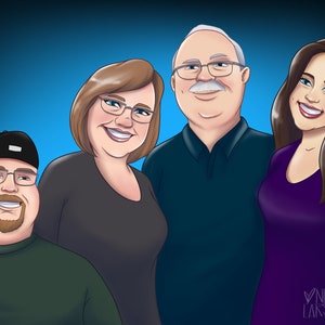 May include: A group portrait of four people, two women and two men, smiling at the camera. The women are wearing black shirts and the men are wearing blue and green shirts. The background is a solid blue.