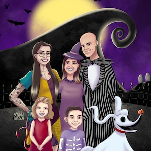 May include: A family dressed in Halloween costumes, including a character dressed as Jack Skellington from the Nightmare Before Christmas, with a white dog-like character beside them. The family is standing in front of a purple and black background with a yellow moon and a black silhouette of a hill.