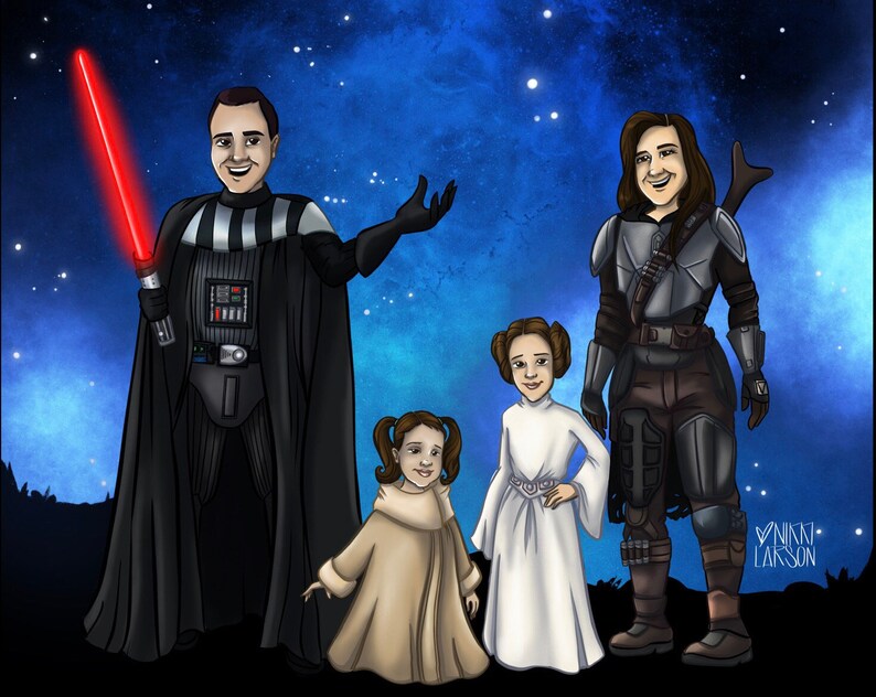 May include: A family dressed as Star Wars characters. The father is Darth Vader, the mother is a Mandalorian, and the two daughters are Princess Leia and a young girl in a brown robe.