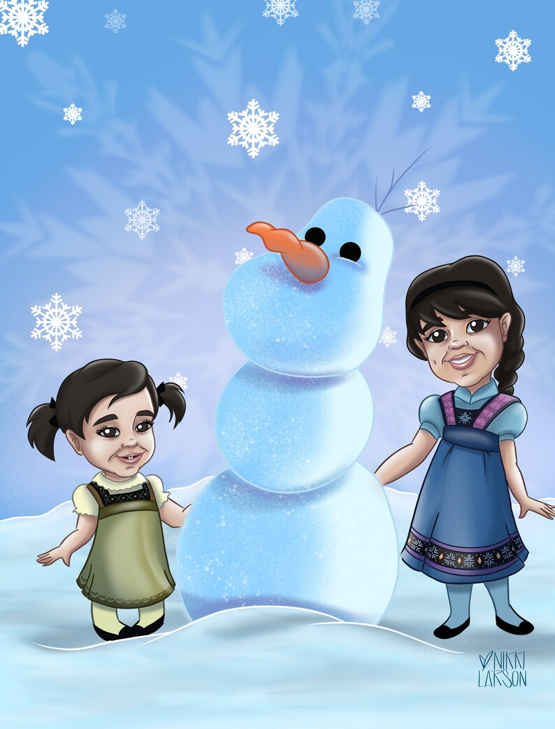 May include: Two girls stand in front of a snowman with a carrot nose. The snowman is made of three snowballs. The girls are wearing winter clothes. The background is a blue sky with snowflakes.