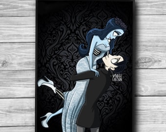May include: A black and white illustration of a couple dancing. The woman is wearing a white dress and a flower crown. The man is wearing a black suit. The background is a black and white damask pattern.