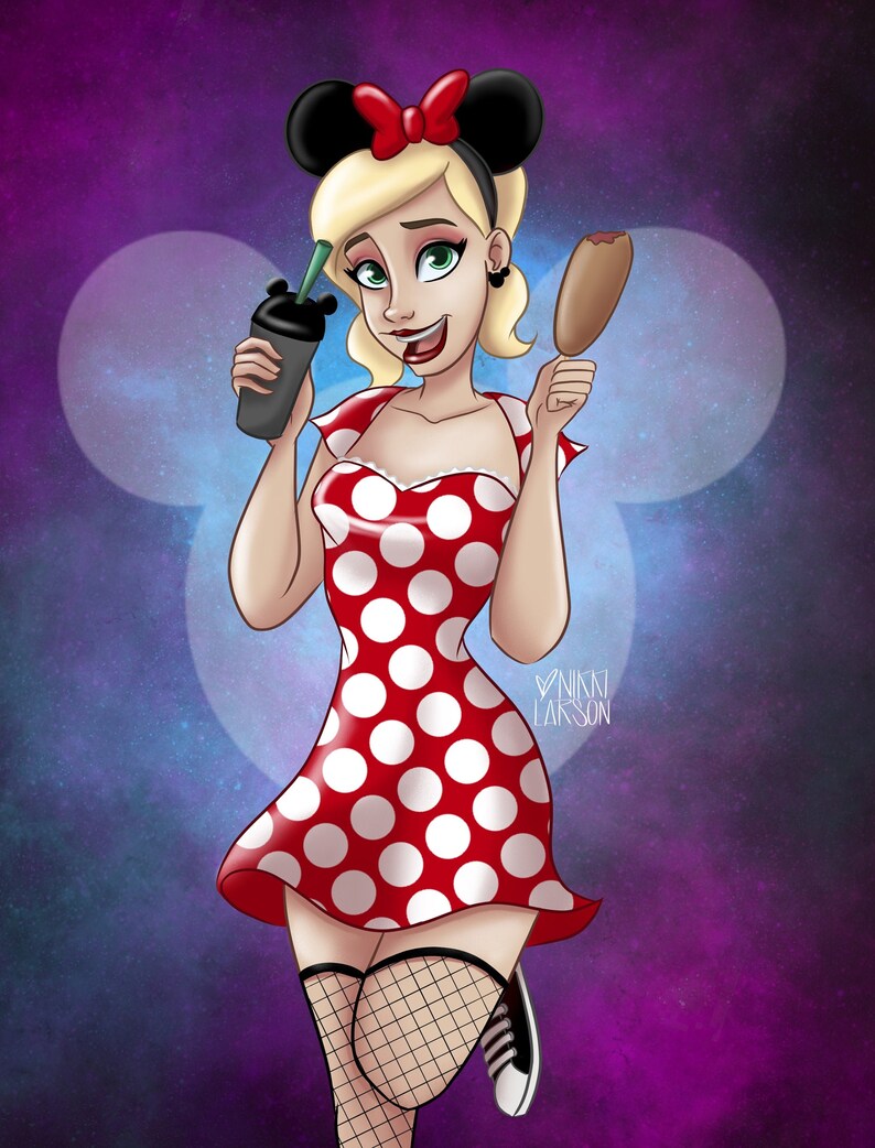 May include: A woman wearing a red and white polka dot dress with a black bow on her head and black fishnet stockings. She is holding a cup of coffee and a corn dog.