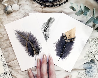 Feathers Cards Packs, Feather Prints, Nature Wall Art, Stationery Cards, Watercolor Illustrations, Gift Cards Set, dark academia decor
