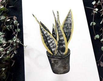 Peinture Aquarelle Originale de plante succulente, Art Botanique Noir et Or, Sansevieria, Taille A5, Cadeau Plantes