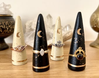 Celestial Ring holders, Handmade Clay Ring Cone, Moons and Stars, Black Beige and gold, Spiritual Witchy Decor, Witchy Gift