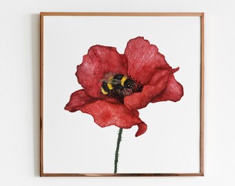 Impresión artística de acuarela de amapola y abejorro, decoración floral para pared