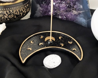 Handmade Moon Incense Holder Dish, Black and Gold Celestial Altar Decor