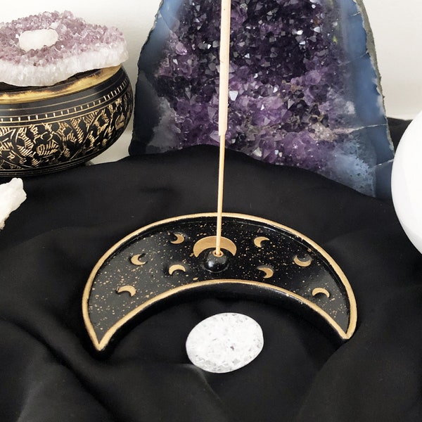 Moon Dish and Incense Holder, Handmade Clay incense burner, Celestial dish, black and gold, Altar Decor, Spiritual Witchy Gift