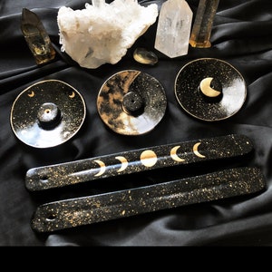 Celestial Incense Holders, Handmade Clay incense burner, Moon Incense holder, black and gold, Altar Decor, Spiritual Witchy Gift Whimsigoth