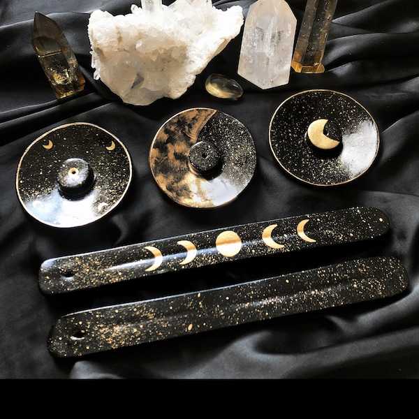 Celestial Incense Holders, Handmade Clay incense burner, Moon Incense holder, black and gold, Altar Decor, Spiritual Witchy Gift