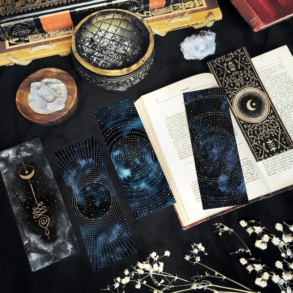 Celestial Bookmarks Set or Individual, Moon Bookmarks, Celestial Stationery, Witchy Bookmarks, Spiritual Witchy Gift, Book lovers gift