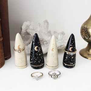 Celestial Ring holders, Handmade Clay Ring Cone, Moons and Stars, Black Beige and gold, Spiritual Witchy Decor, Witchy Gift Whimsigoth