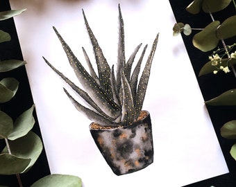 Peinture originale de Plante Aloe Vera, Peinture Botanique de Succulente, Made in France, Taille A5, Cadre en Option, Cadeau Plantes