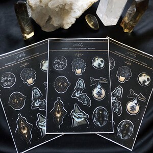 Planche de Stickers witchy, autocollants célestes et witchy, stickers sorcière, sticker vinyl, stickers scrapbooking, bullet journal bujo