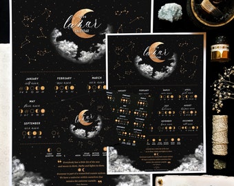 2024 Moon Calendar, Lunar Calendar 2024, Moon Phases Print, Black and Gold Decor, Celestial Poster, Witchy Decor, Spiritual Gift