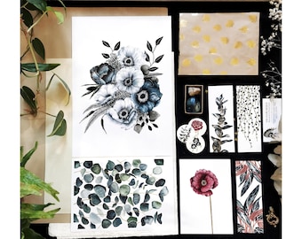 Caja misteriosa de arte botánico: estampados florales, pegatinas, marcapáginas y cristales.