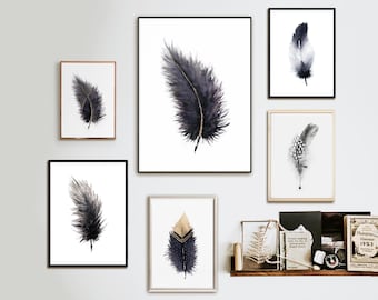 Feather Prints, Feather Wall Art, Feathers Watercolor Paintings, Boho decor, Nature Art, Feather Illustration, Witchy Decor Gift