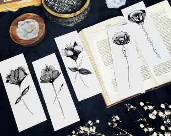 Floral Bookmarks Set or Individual, Black and White Flowers Bookmarks, Botanical bookmarks, Floral Stationery, Book Lovers Gifts