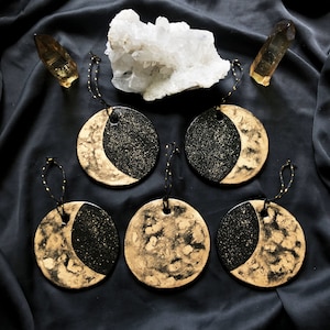 Moon Phases Ornaments, Celestial Wall Hanging, Black and Gold, Moon wall hanging decoration, Clay Christmas ornament, Spiritual Witchy Gift