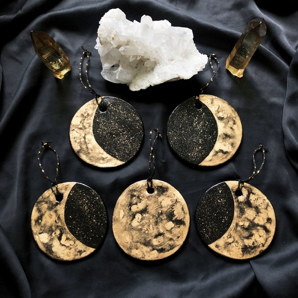 Moon Phases Ornaments, Celestial Wall Hanging, Black and Gold, Moon wall hanging decoration, Clay Christmas ornament, Spiritual Witchy Gift