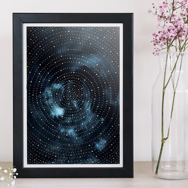 Celestial Watercolor, Original Painting of Cosmos, Watercolors and Ink, Celestial Art, Black White Blue Gold, A5 Framed Art, Witchy Gift