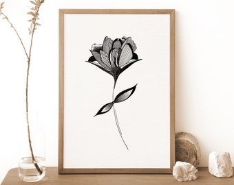 Affiche de fleur abstraite en noir et blanc, Embrace, Illustration florale, Art Mural de fleurs, Déco Nature, Déco Boho minimaliste