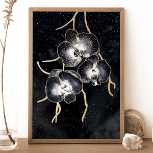 Celestial orchideeën bloemen print, botanische kunst aan de muur, Witchy Flower wanddecor, hemelse aquarel, Floral Art Print, Witchy cadeau