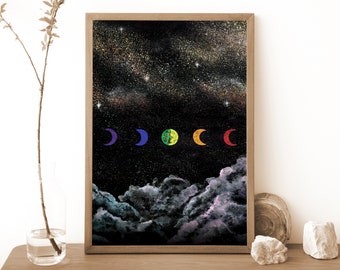 Celestial Pride Print Wall art, Moon Phases Celestial Art, LGBTQ+ Art Print, Queer and witchy art print, Witchy gift