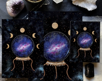 Crystal Ball Moon Phases Print, Galaxy Space Art, Witchy Decor