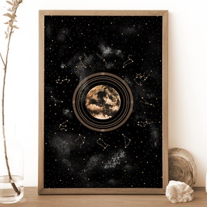 Póster de la luna, impresión de la luna llena y los signos del zodíaco, arte de pared de astrología lunar, acuarela celestial, decoración espiritual, regalo de bruja, Whimsigoth