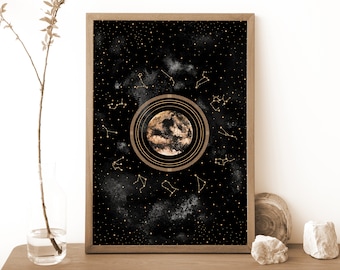 Full Moon Zodiac Print: Celestial Watercolor Astrology Wall Art