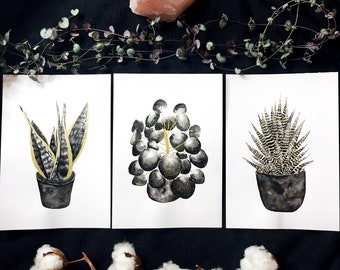 Peintures Aquarelles Originales, Art Botanique, Peintures de plantes noir et or, format A5, Cadre en Option, Cadeau Plante