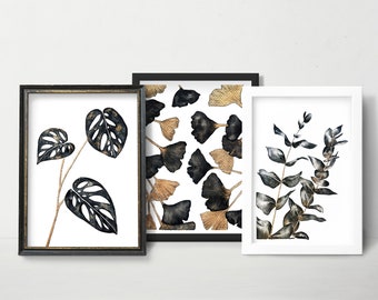Peintures Aquarelle Originales de plantes, Art Botanique Noir et Or, Monstera Adansonii, Ginkgo, Eucalyptus, 13x18cm, Cadeau Unique