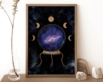 Crystal Ball Moon Phases Print, Galaxy Space Art, Witchy Decor, Spiritual Art