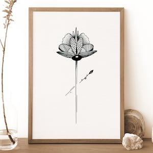 Abstrakter Blumendruck in Schwarzweiß, Freue dich, Blumenwanddekor, Blumenillustration, botanische Wandkunst, Naturkunst, Boho-Dekor
