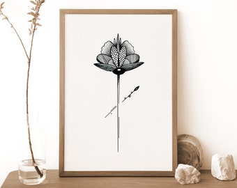 Affiche de fleur abstraite en noir et blanc, Rejoice, Illustration florale, Art Mural de fleurs, Déco Nature, Déco Boho minimaliste