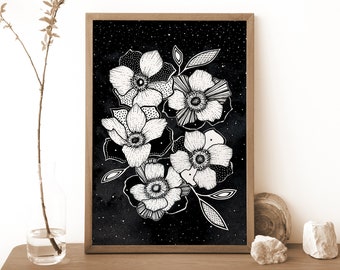Affiche Botanique de Fleurs Anémones en noir et blanc, Aquarelle botanique, Illustration Céleste florale, Déco Witchy