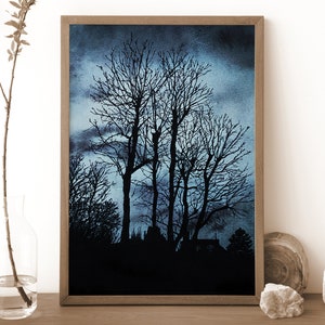Póster de árboles, impresión de árboles de noche, impresión de árboles, pintura de acuarela, arte de pared de brujas, decoración de brujas, regalo de brujas
