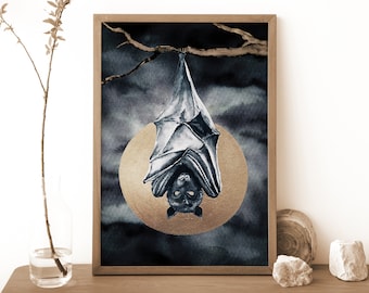 Bat Print, Witchy Print, Bat Decor, Bat painting, Celestial Watercolor, Full Moon Illustration, Goth Decor, Witchy Gift dark academia