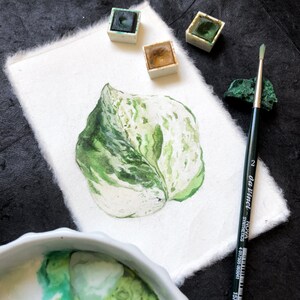 May include: A watercolor painting of a green and white leaf on a white paper background. There are three small paint pans with green and brown paint, and a green paintbrush on the right side of the image.