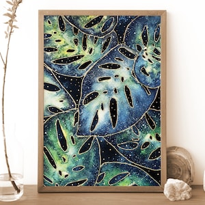 Himmlische Aquarell Blumen, botanische Wandkunst, Monstera Malerei, botanische Witchy Dekoration, Pflanzenliebhaber Weihnachtsgeschenk, Boho Dekor