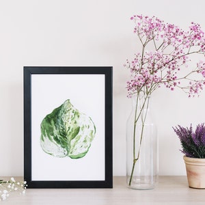 May include: A framed watercolor painting of a green and white leaf, displayed on a table with a vase of pink flowers and a potted plant with purple flowers.