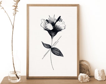 Affiche de fleur abstraite en noir et blanc, Illustration florale, Art Mural de fleurs, Déco Nature, Déco Boho minimaliste