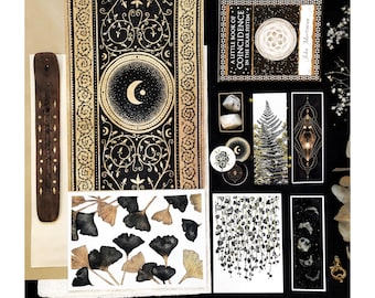 Art Mystery Box, Mystery Pack Black and Gold Theme with Prints, Stationery, Bookmarks, stickers, crystals, Surprise Grab Bag Christmas Gift