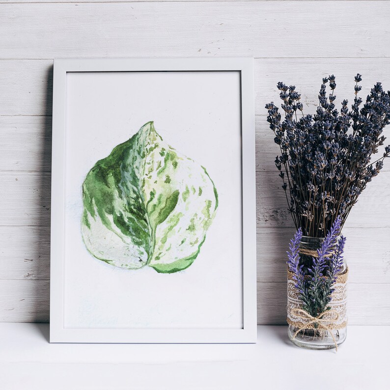 May include: A white framed watercolor painting of a single green and white leaf. The painting is on a white wooden background with a vase of lavender flowers to the right.